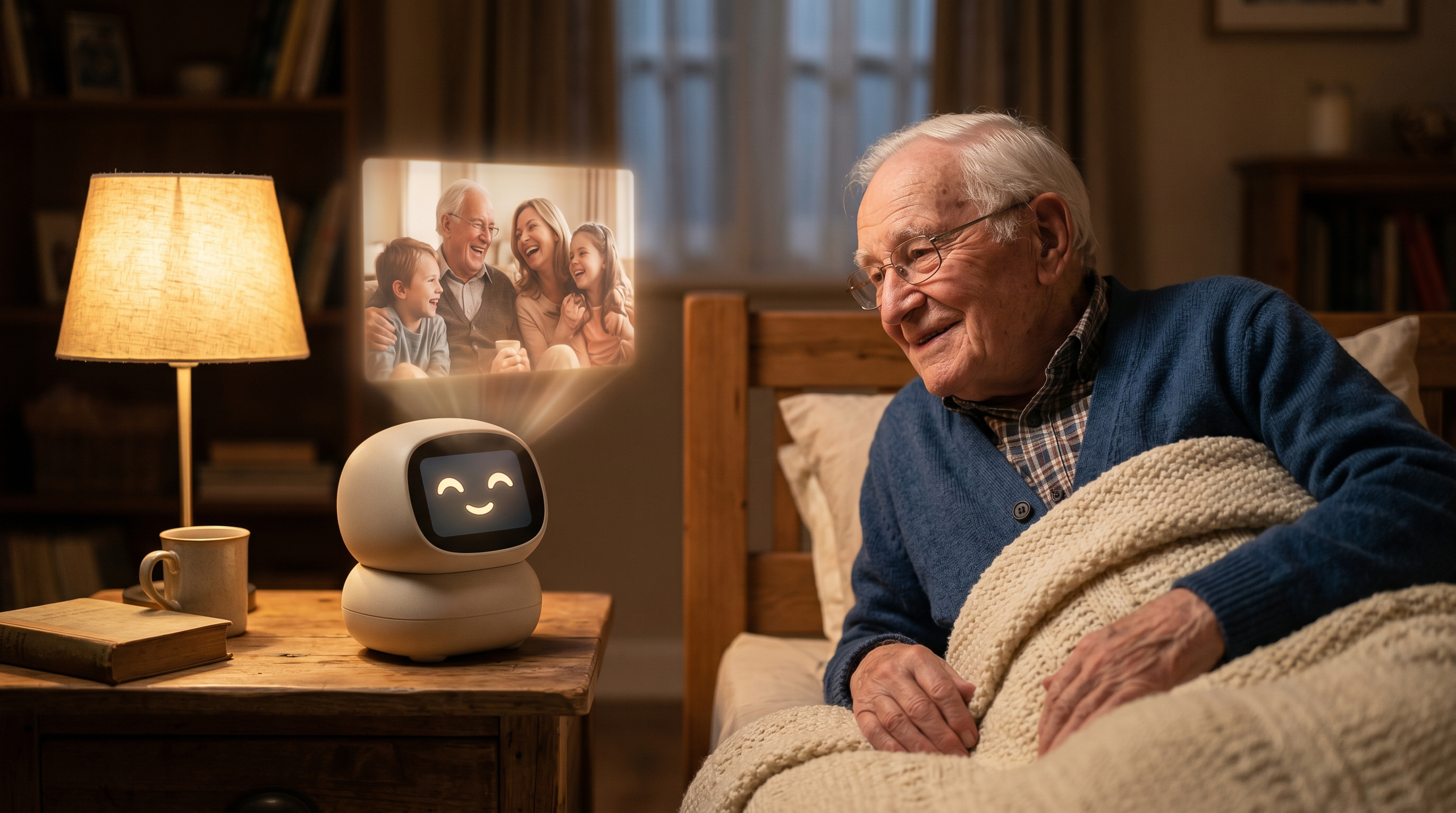 Bedside companion robot helping an older adult feel connected with family