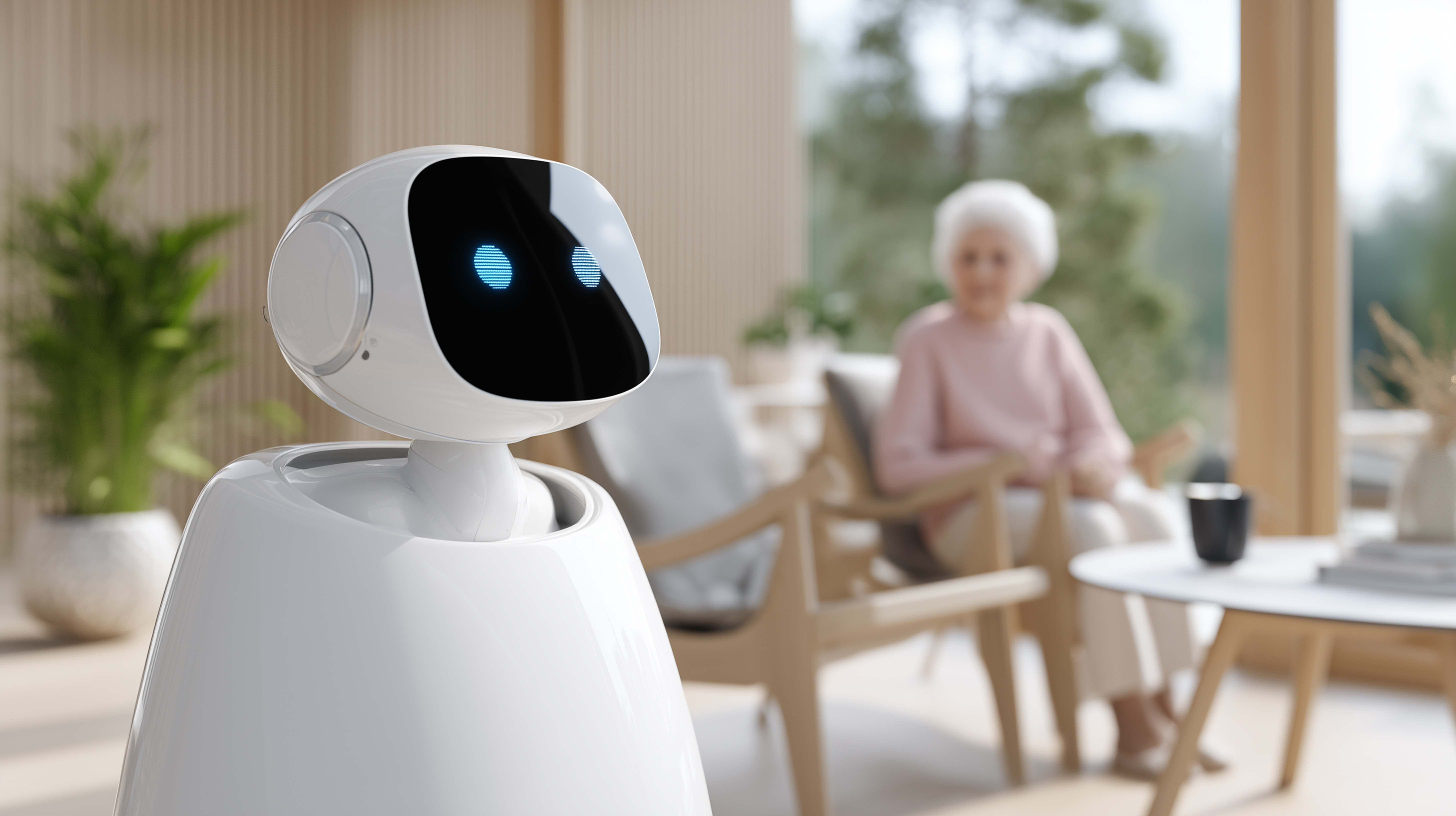 Companion robot in a calm care room with a resident nearby